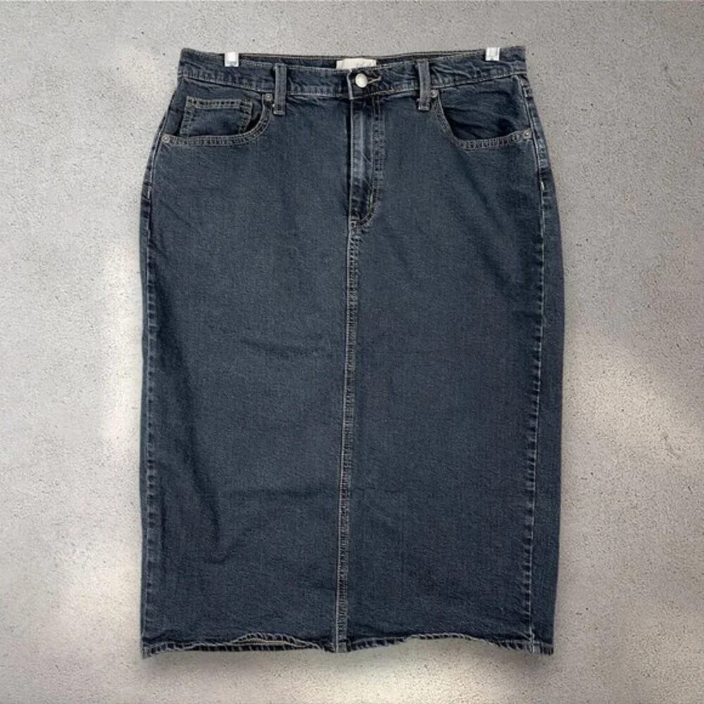 Universal Thread Denim Midi Pencil Skirt Womens 12 Dark Back Slit Fall Academia